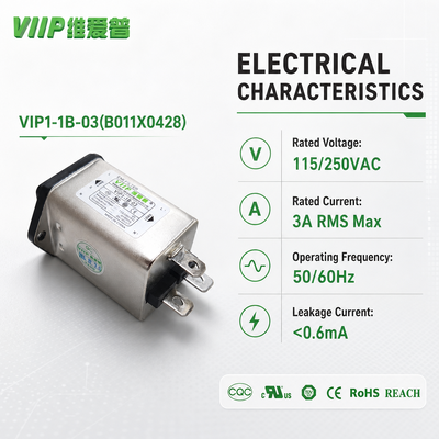 VIIP VIP1-1B-03（ B011X0428） 3A Single Phase EMI Power Filter AC Line Noise Suppressor Metal Case Panel Mount Power Line Filter