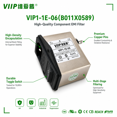 3-in-1 IEC Power Entry Module VIP1-1E-06(B011X0589) 6A Single-phase EMI Filter with Fuse Holder & Switch AC 250V Panel Mount