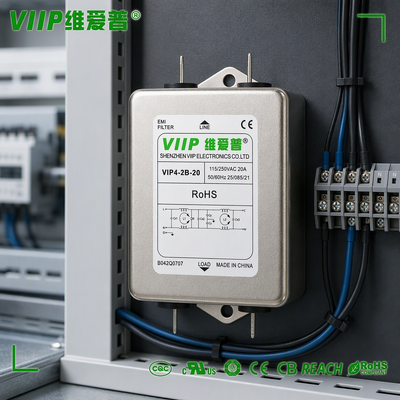 Chassis Mount Single‑Phase EMI Power Filter VIP4‑2B‑20(B042Q0707),20A 115/250VAC Wide Operating Temperature‑25℃~+100℃ High Insulation Resistance RFI Filter for Sensitive Electronic Equipment
